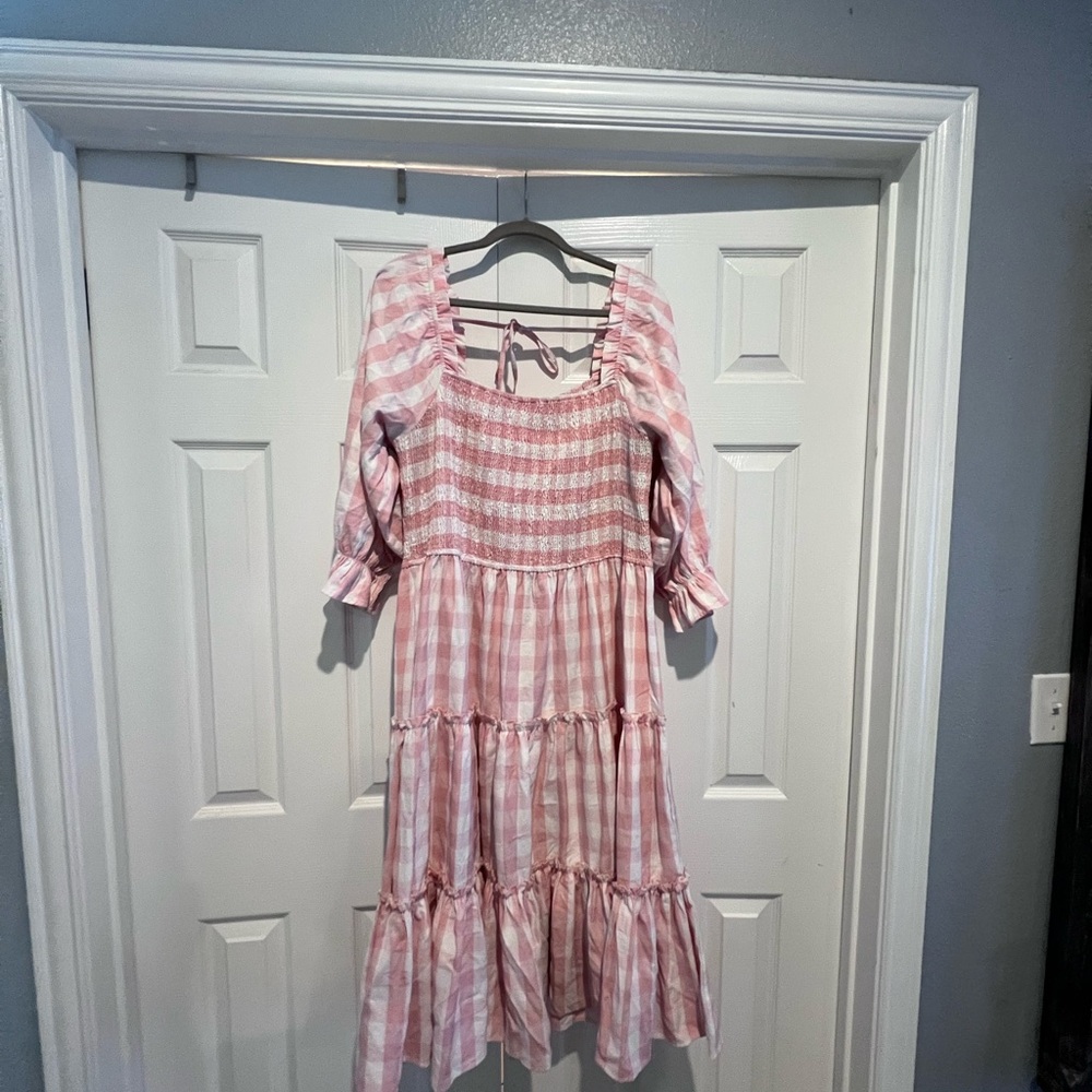 Ivy City Co Pink and White Maxi Sundress with Bishop Sleeves